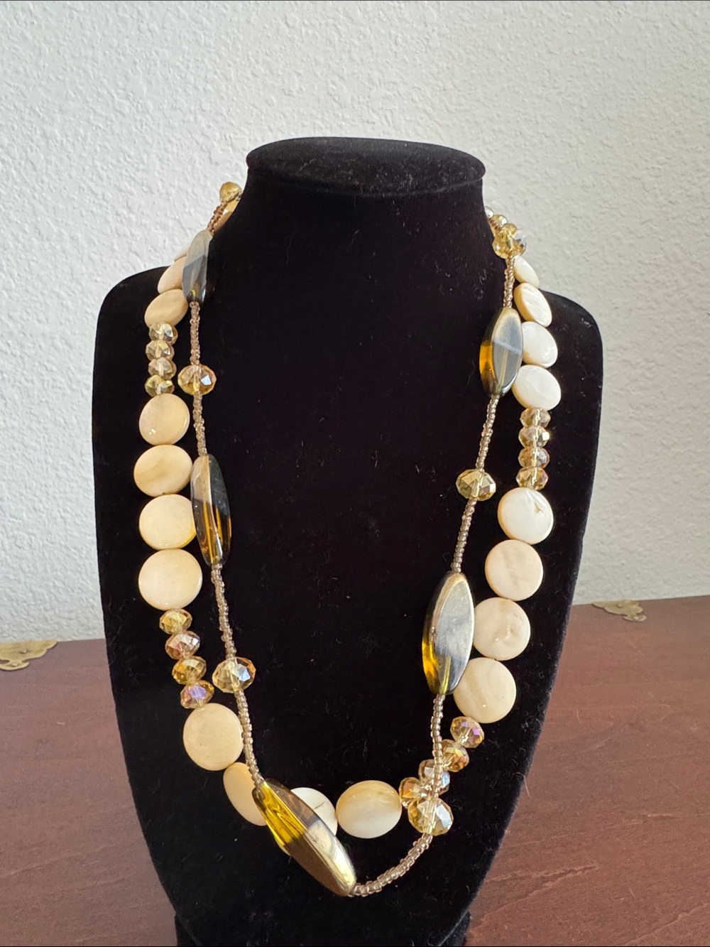Elegant Vintage Two-Tone Double stranded Beaded Women's Necklace Cream and Amber